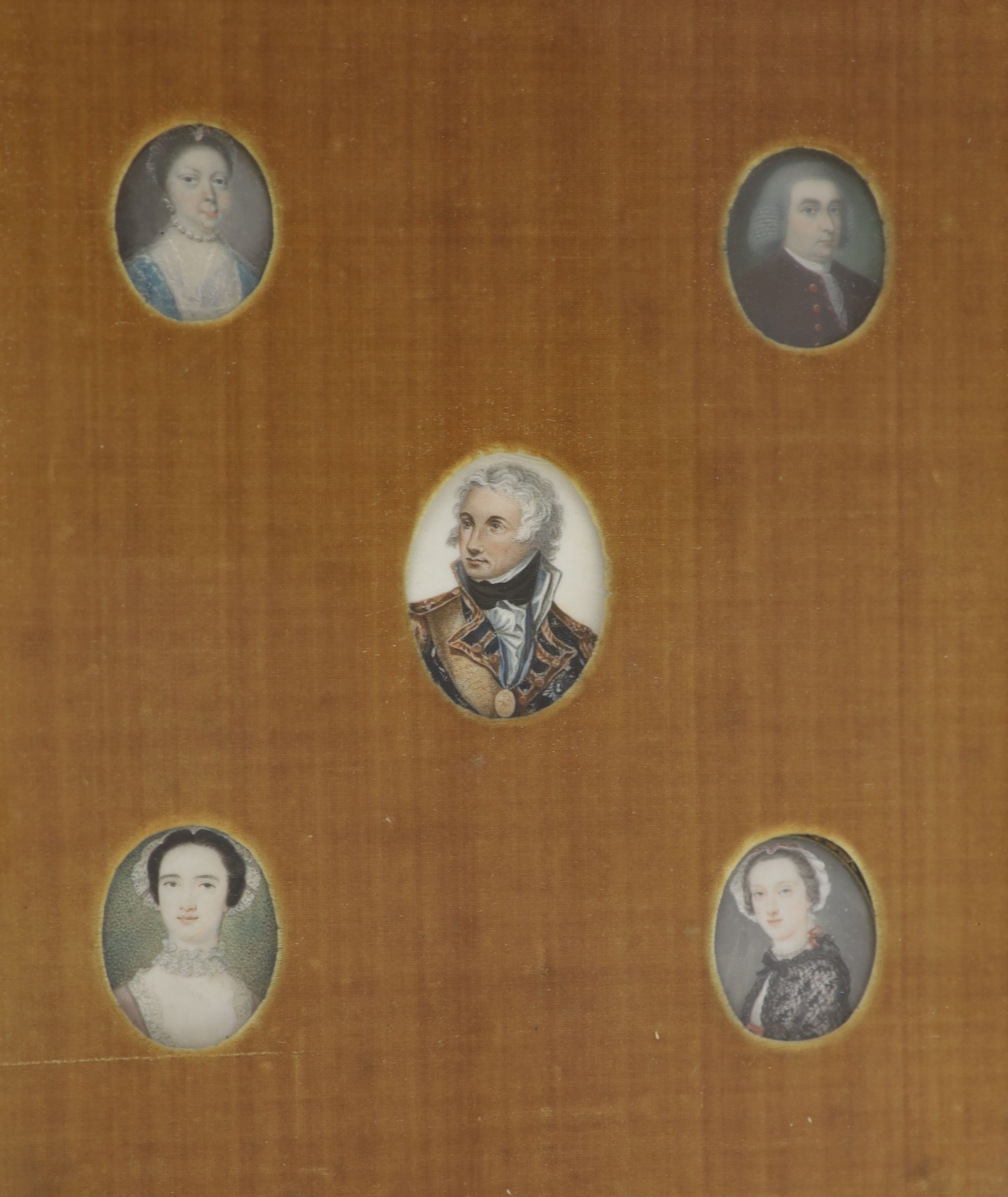 Irish School circa 1800 , Miniature portraits of members of the Burges family and of Lord Nelson, watercolour on ivory, Largest 5 x 3.5 cm